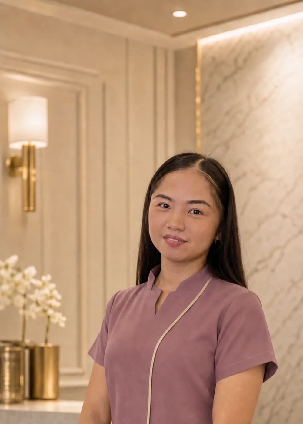 ESCLARE clinic attendant in a professional muted light-maroon uniform